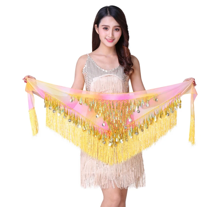 Women\'s Belly Dance Belt Colorful Waist Belly Dance Tassels Triangle Hip Scarf With Coin Sequins