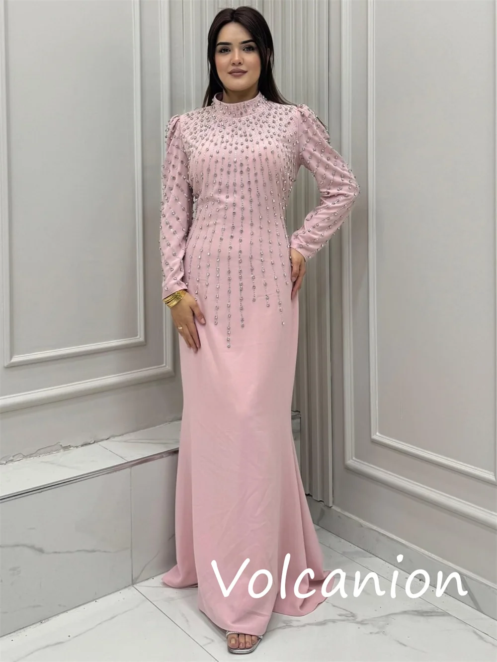Customized Exquisite Fashion Jersey Sequined Pleat Trumpet High Collar Long Dresses Bespoke Occasion Classic