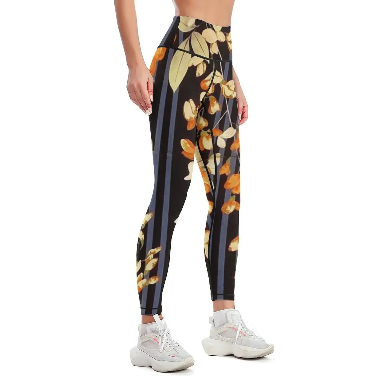WHITE ORANGE FLOWERS AND BLUE BLACK STRIPES Antique Japanese Floral Leggings sportswear for gym Training pants Womens Leggings