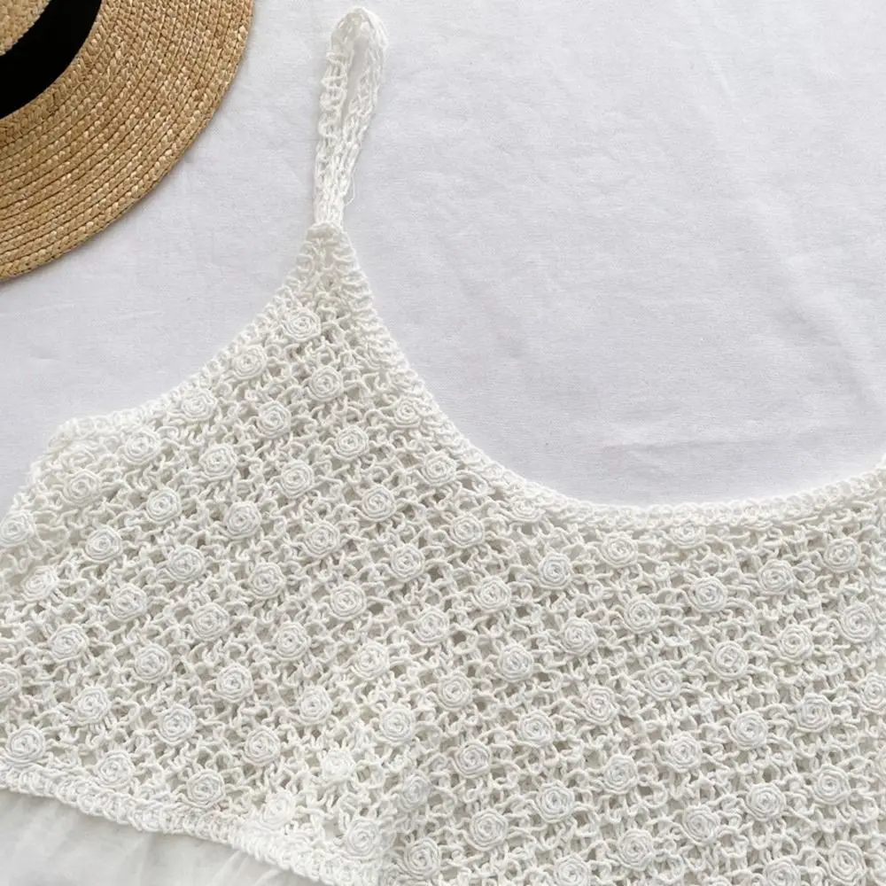 Nowe ażurowe topy z dzianiny szydełkowej, seksowne ażurowe topy na ramiączkach, oddychające topy w stylu bohemy etnicznej, ażurowe koszulki damskie.