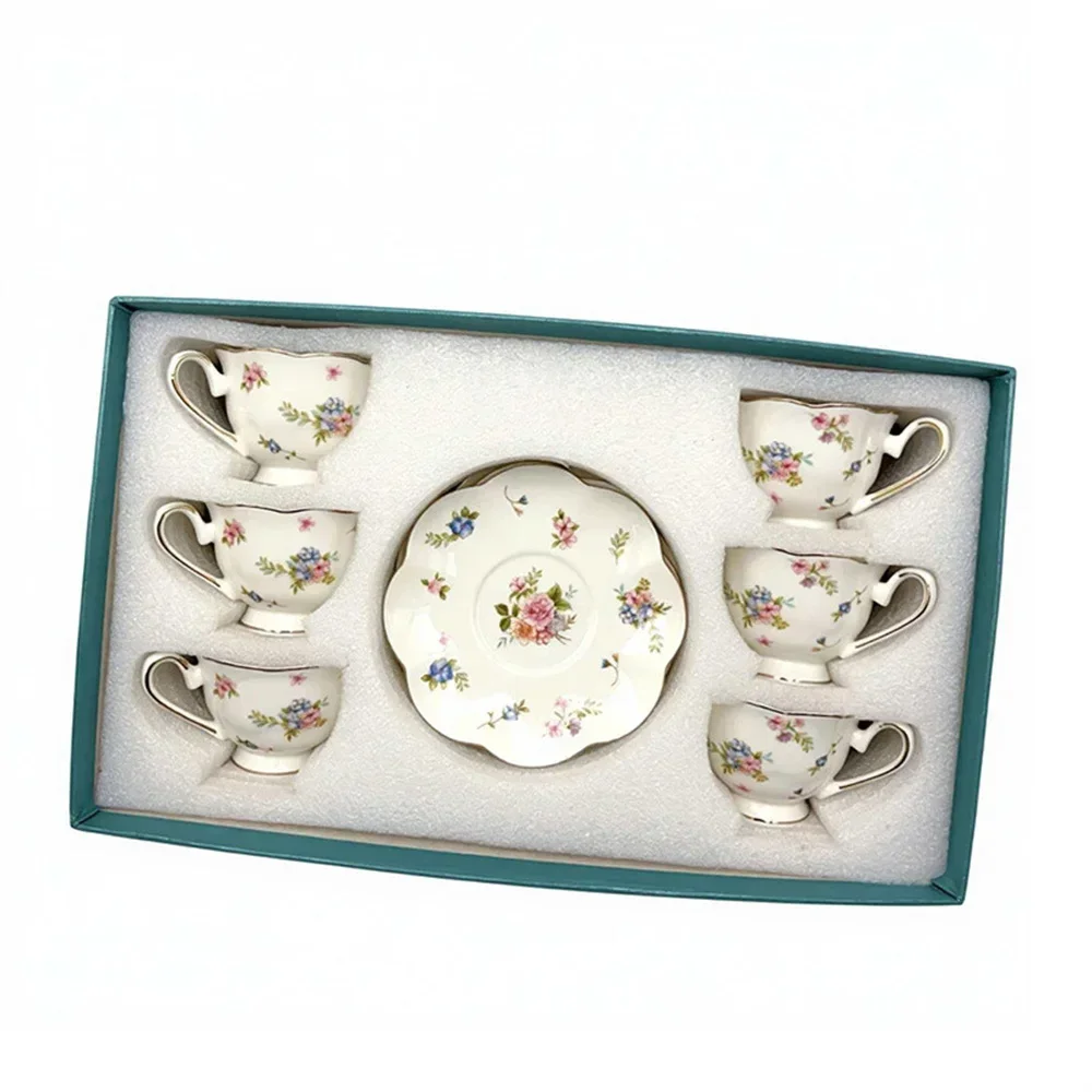 European Espresso Cup and Saucer Set Lotus-shaped Embossed 90ml Exquisite Small 6pc Coffee Cup Set Gift Box 6