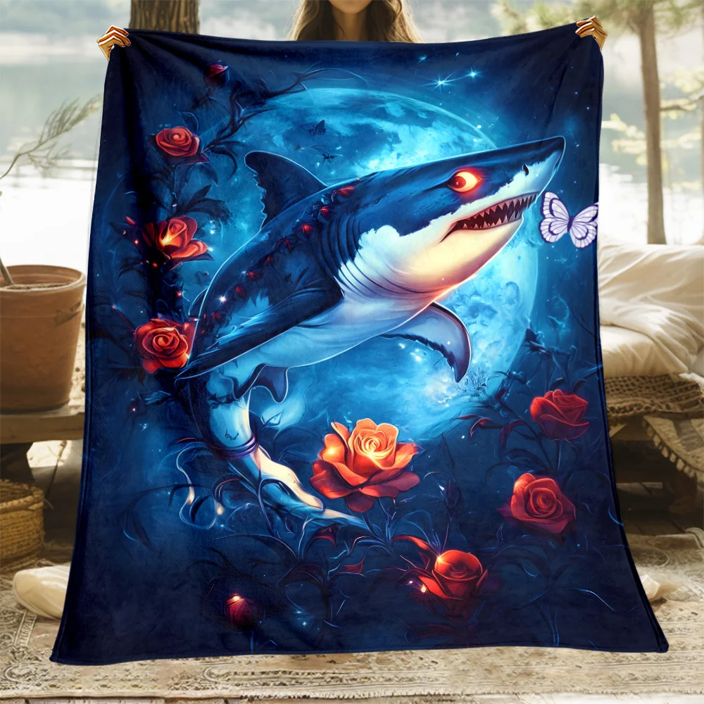 

Фэнтезийное одеяло с изображением акулы, розы и луны, ночного неба, мягкое фланелевое одеяло, готический художественный декор, уникальный дизайн с животными, домашний настенный декор
