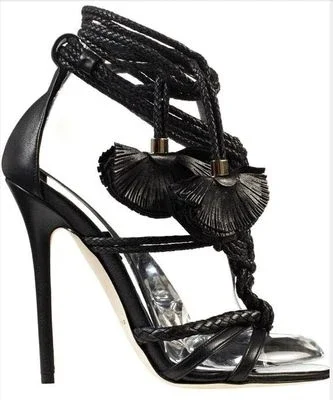 

Chinese Knot Fringe Cross-tied Lace-up Thin High Heels Sandals Elegant Fashion Novel Design Gold Black Women Banquet Shoes