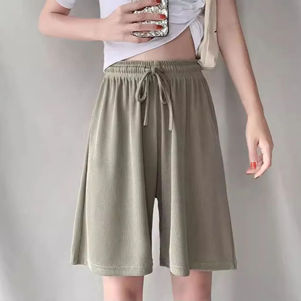 Summer Solid Color Shorts Casual High Waist Beach Pants Loose Lace-up Half Pants Sports Shorts Women Elastic Waist Bottoms