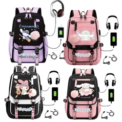 Kawaii Sanrio Cinnamoroll plecaki nastolatek USB ładowanie plecak na laptopa kobiety plecak męski torba podróżna Mochila fioletowy różowy