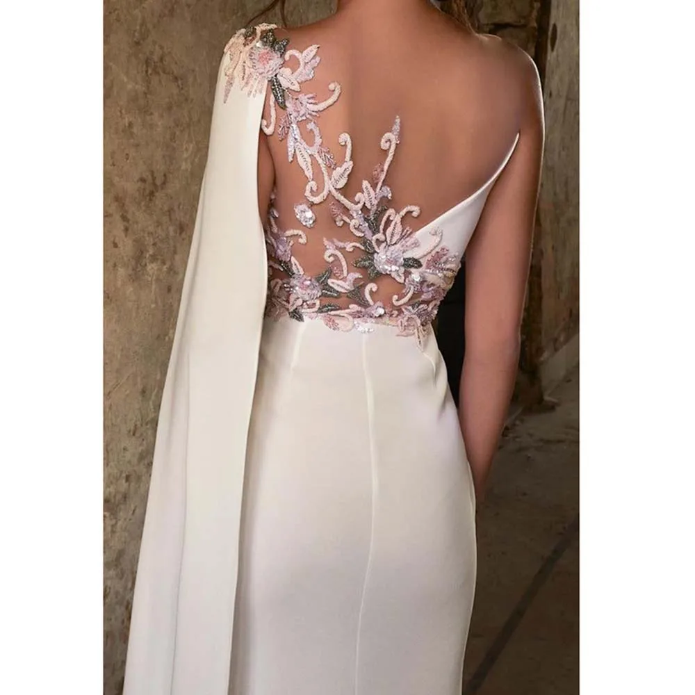 High-end White Women Prom Dresses Sweetheart One Shoulder Sleeve Floor Length Appliques Backless Evening Party Banquet Gowns