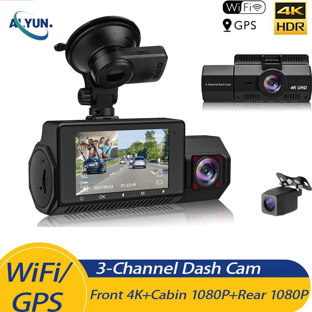 

3 Channel Dash Cam Front Inside Rear Three Way Car Dash Camera 4K+1080P+1080P GPS WiFi IR Night Vision DVR Black Box