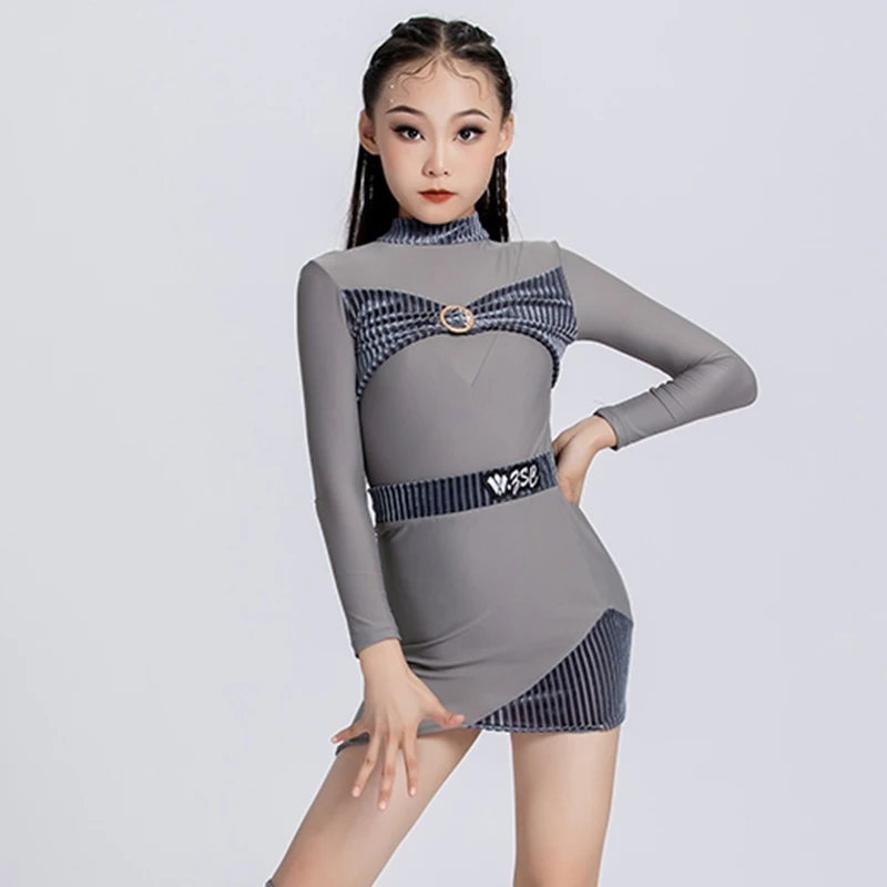 

Latin Danc Wear Kids Dancing Show Clothes Girls Rumba Samba Clothing Cha Cha Stage Wear Latin Suit Grey Dancewear Skirt VDL2003