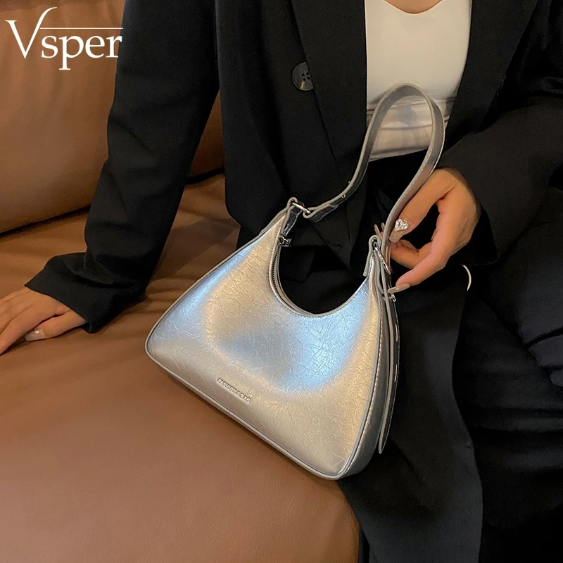 

Vsper Silver Underarm Shoulder Bags For Women PU Leather Solid Color Armpit Bags Casual Street Commuter Designer Handbags Luxury
