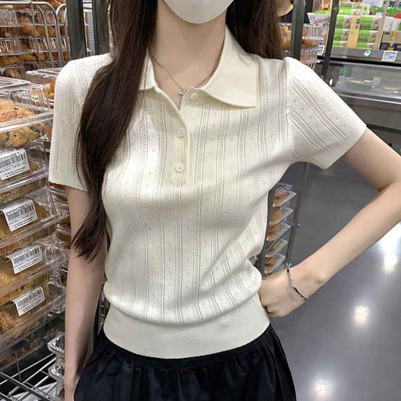 Solid Color Knitted Polo Shirts for Woman Summer New Preppy Style Short Sleeve T-shirt Women Hollow Out Slim Fit Knit Tees Top
