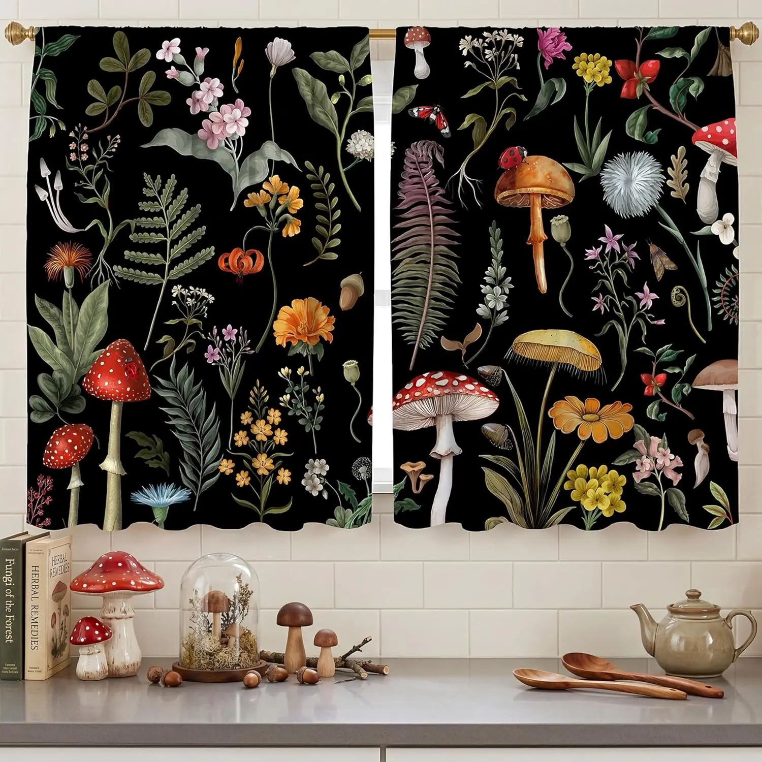 Black Botanical Window Curtain 2 Panels,Red Spotted Mushroom Mixed Wild Flower Pattern, Drapes for Balcony Cottage Decor Curtain