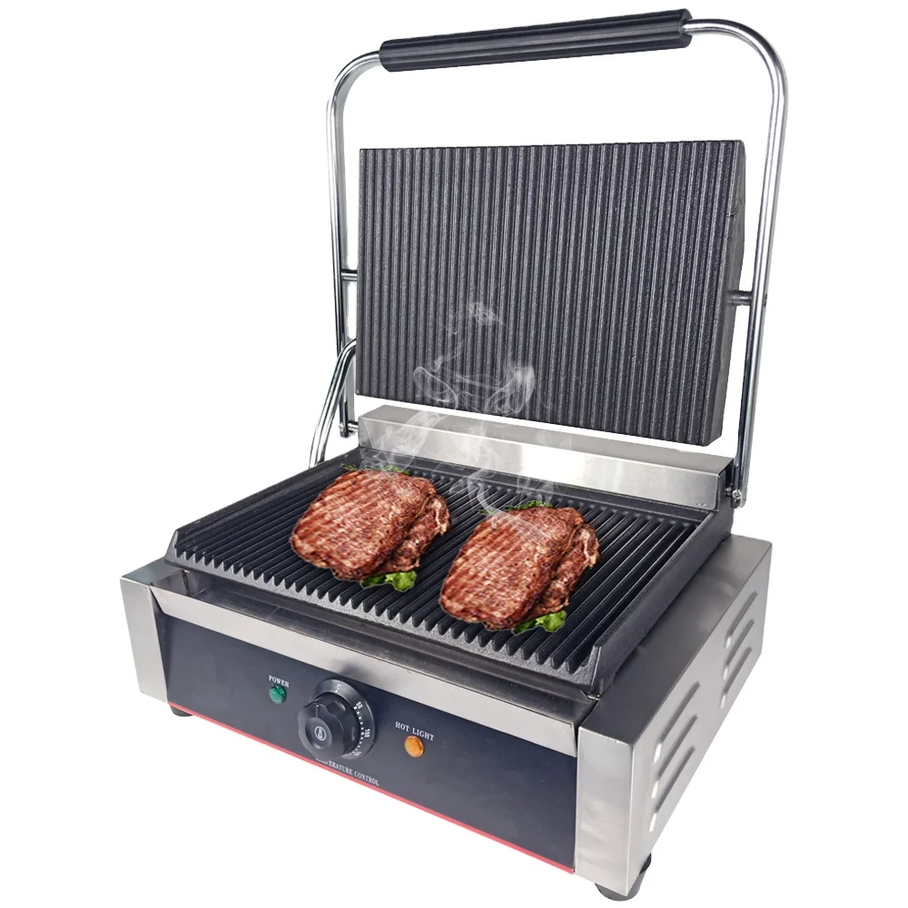 Sandwich Press Panini Grill,  Cast Iron Plates, Adjustable Thermostat 120-570°F, NSF Certified for Restaurant Cafe Food Truck