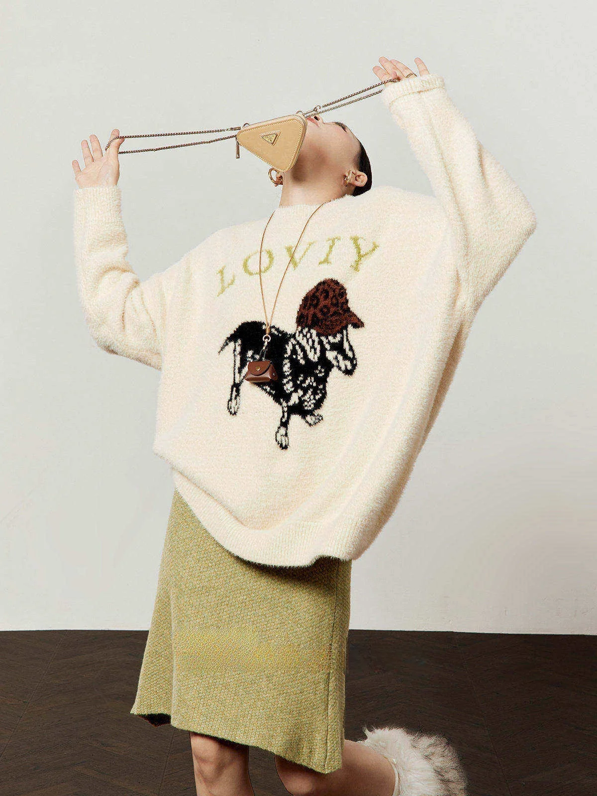 

Women's Beige Sweater round Ne Loose Soft Commuter Sle Top Spring New Arrival Dog Pattern Tassel Knittedwear