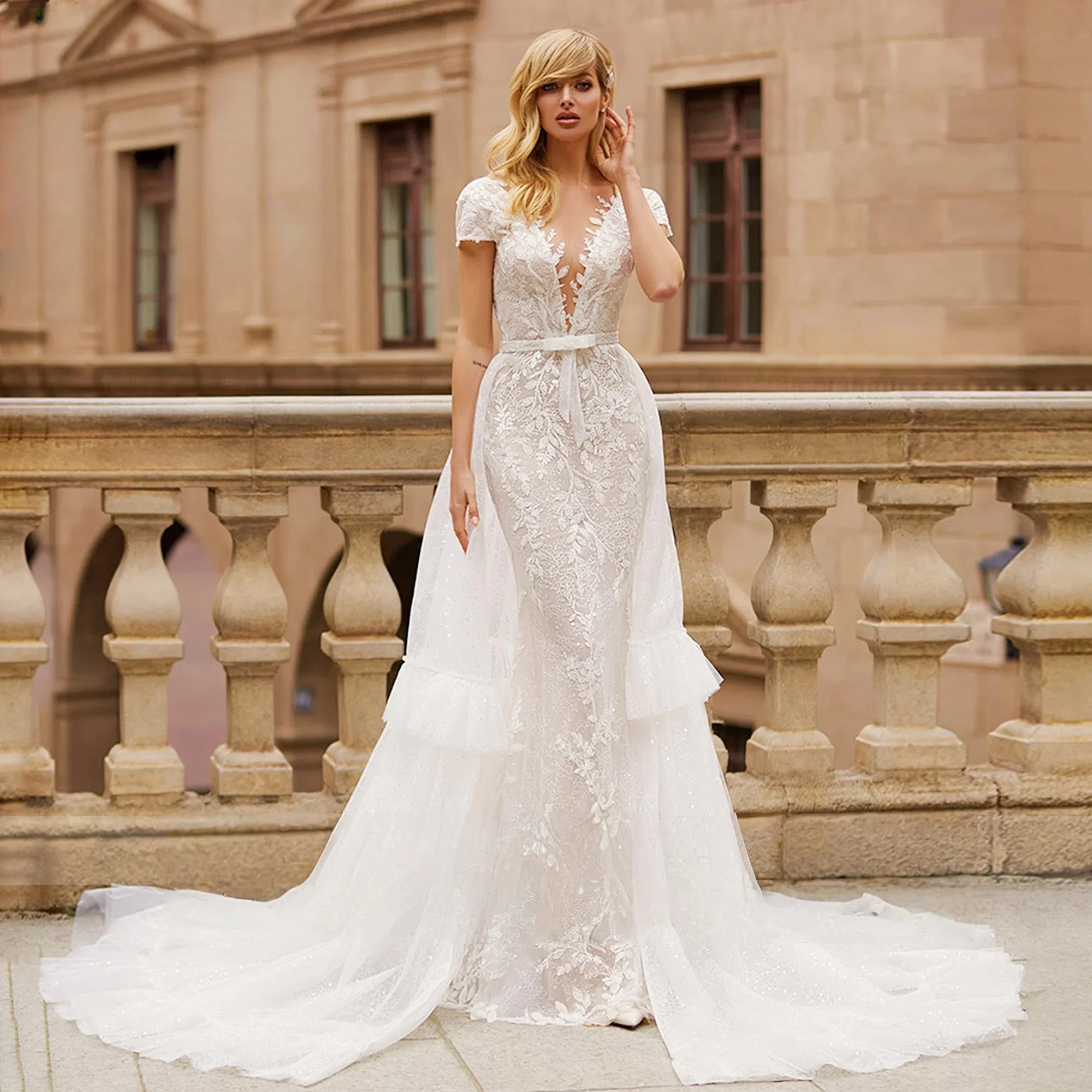 

Detachable Wedding Dresses Mermaid Cap Sleeves Lace Muslim Bridal Gown Saudi Arabic Dubai Islamic Vestido De Noiva Customized