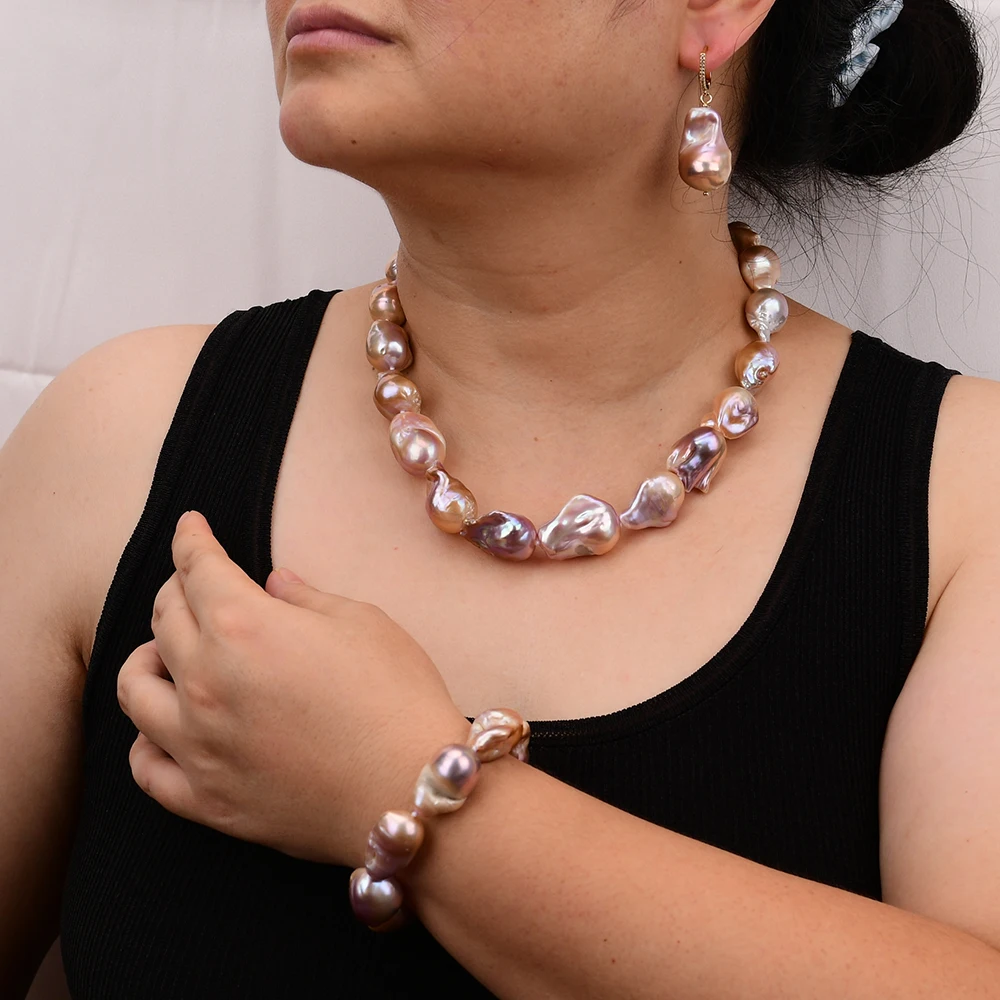 G-G  Freshwater Cultured Purple Baroque Pearl Necklace Bracelet Earrings Keshi Pearl Sets Handmade For Women Gifts