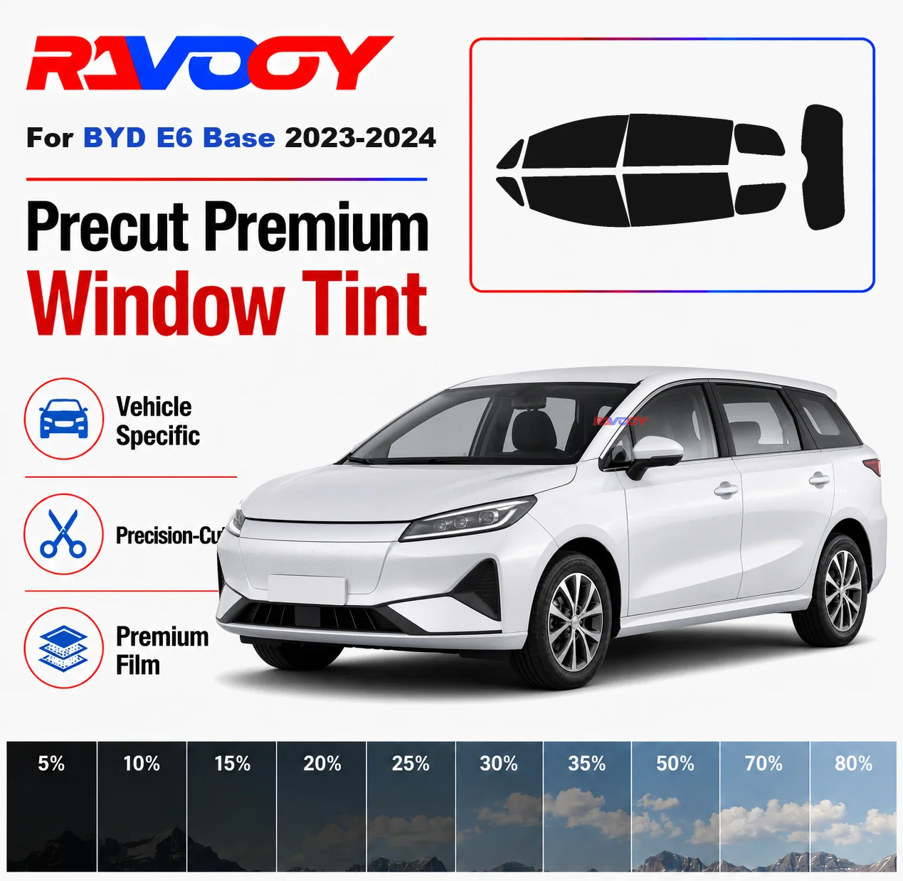

Premium Precut Window Tint Kit Front Windows Rear Windows Rear Windshield For BYD E6 Base 2023-2024 Car Solar Nano Ceramic Film