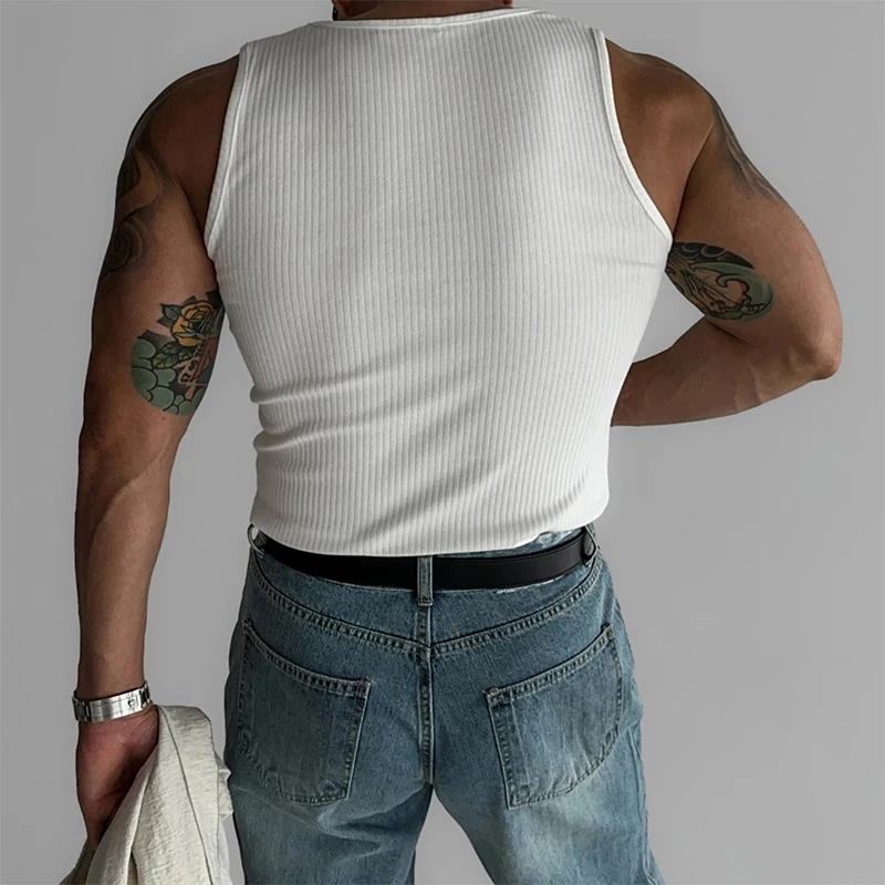 New Casual Stretch Slim Mens Tank Tops Fashion Simple Solid Color Ribbed Vest Summer Streetwear Trendy All-match Mens Camisoles