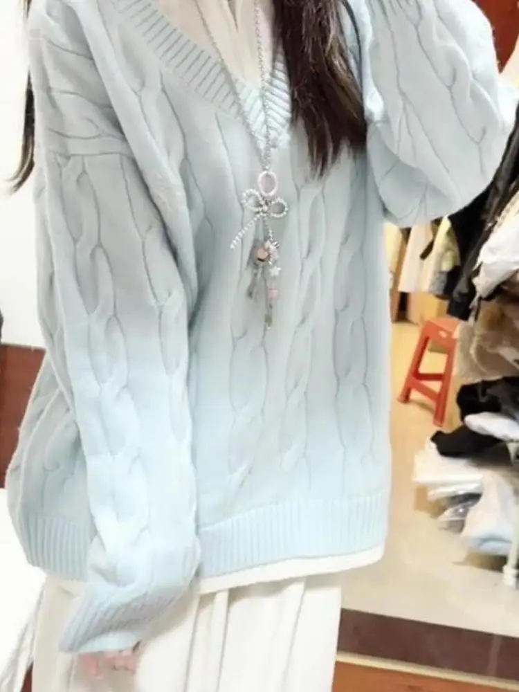 Pull tricoté bleu pour femme, ample, paresseux, col torsadé, vêtement d'extérieur, automne-hiver