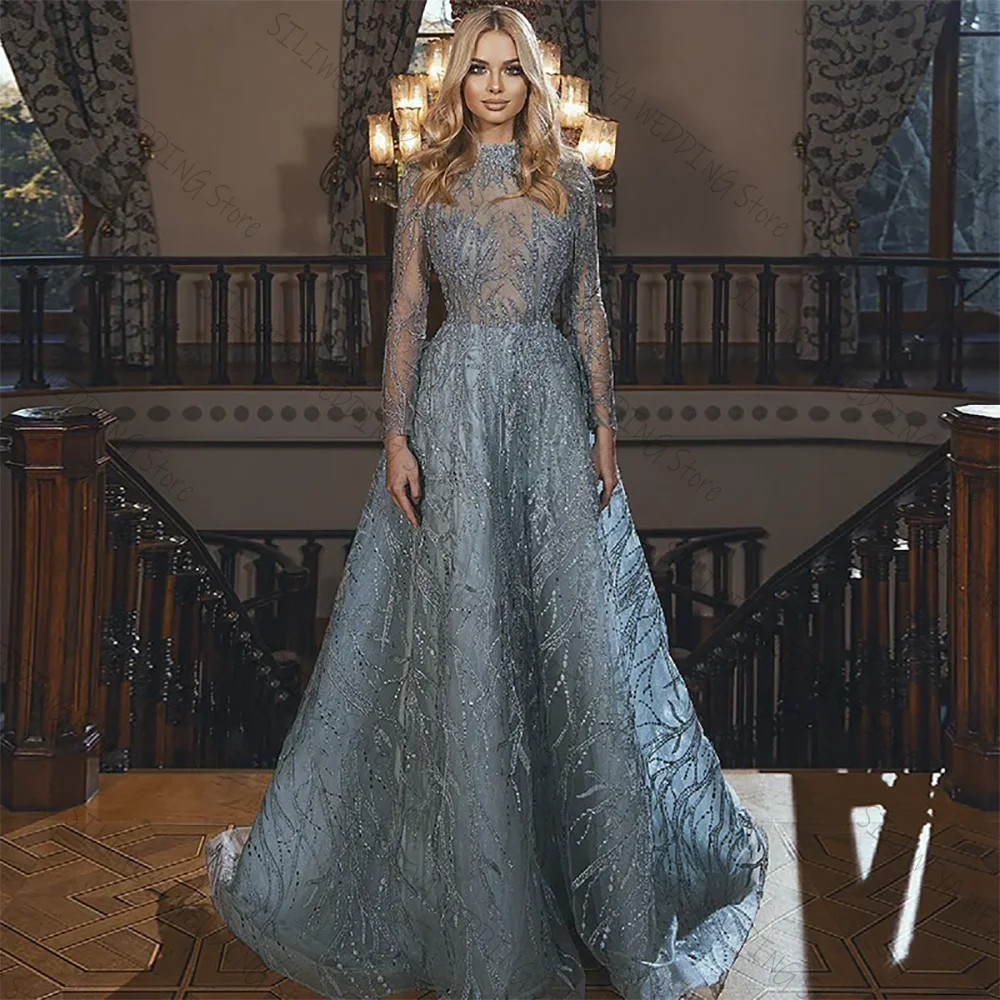 Luxury Embroidery Blue Muslim Evening Ball Gown Elegant Long Sleeve High Neck Beading Illusion Formal Dresses