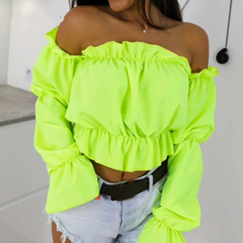 2023 Candy Color Off Shoulder Crop Tops women Summer dot print lantern sleeve shirts Lady Sexy Slash neck beach blouse