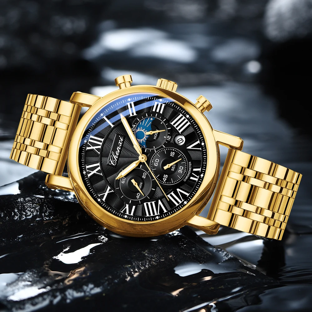 CHENXI Classic Business Quartz Watch Men Waterproof Chronograph Date Moon Phase Luminous Wristwatch Male Clock Relogio Masculino