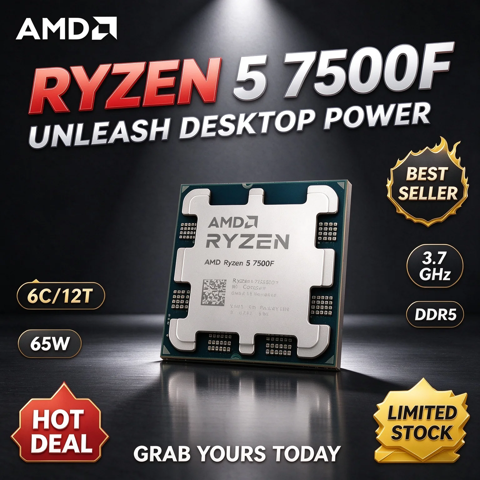 6-Core 12-Thread AMD Ryzen 5 7500F Socket AM5 DDR5 5NM L3=32M 3.7GHz 65W Processor R5 7500F 100% Brand New And Original New