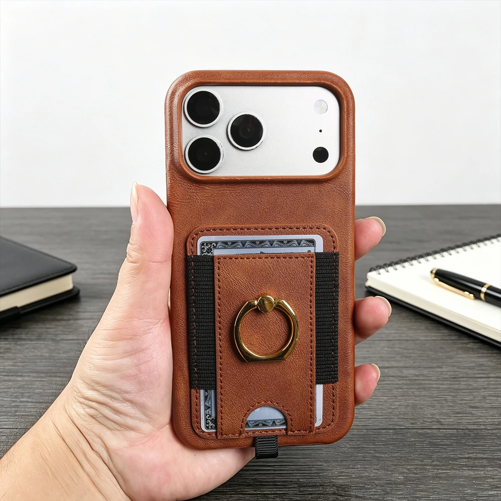 

Premium Leather Phone Case With Card Holder Bracket Ring For iphone Air 17 Pro Max 17e 16 16e 13 12 14 15 Plus Back Cover Case
