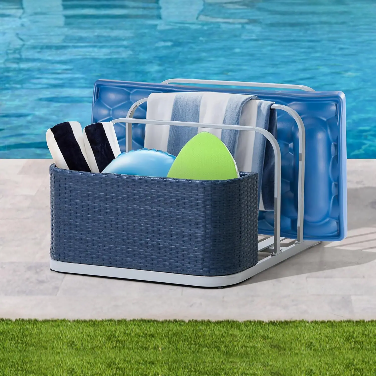 Sunjoy Rust-Proof Aluminum Pool Float Storage Rack, 35-Inch Outdoor Wicker Poolside Float Organizer, Pool Float Caddy For