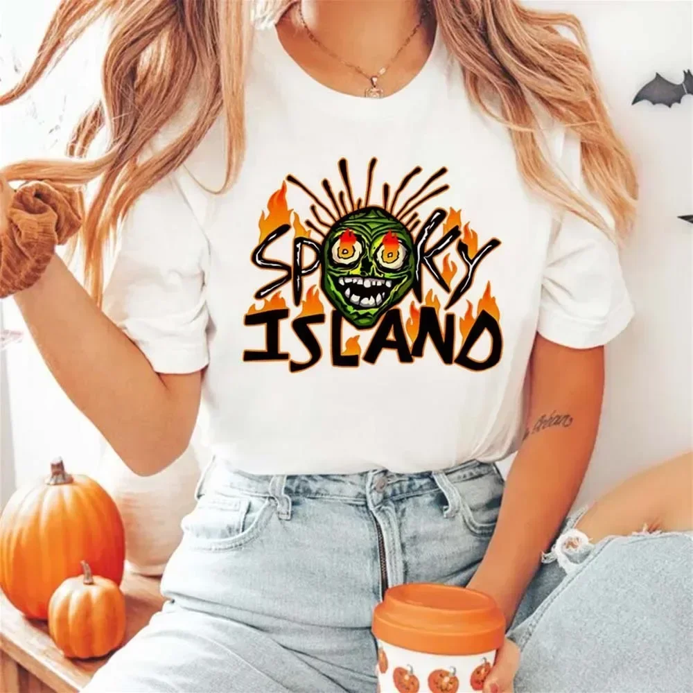 Halloween New Spooky Island Printed Clothing Summer Cartoon Pattern O-Neck Street Versatile Trendy Plus Size Printed T-Shirt.