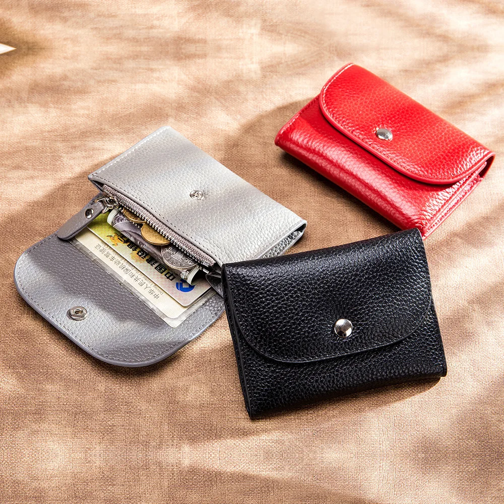 Cartera de cuero genuino para mujer y hombre, monedero pequeño informal, Simple, con bolsillo y cremallera