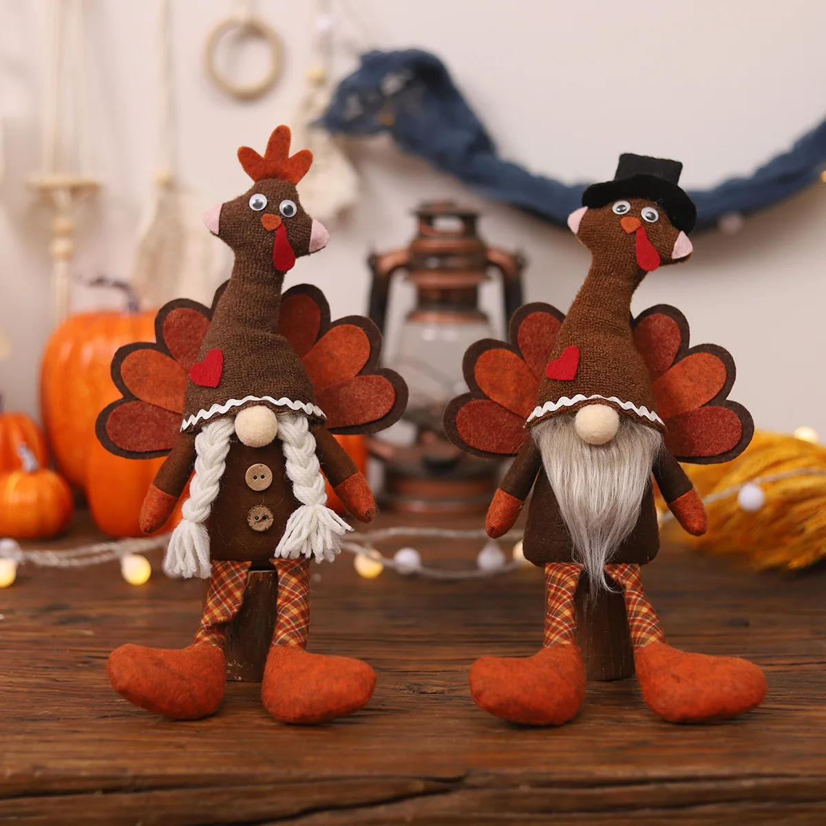 Thanksgiving Gnomes Turkey Decor Doll Ornaments Hanging Leg Turkey Figurine Window Display Decors Festival Poseable Figure