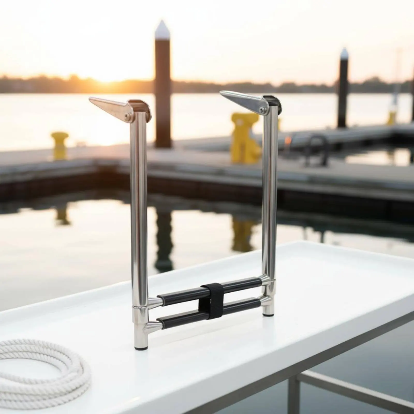 

4 Step Telescoping Boat Ladder Sturdy Duty Stainless Steel Folding Aquatic Ladder Wide Steps Easy Installation for Swimming Pool