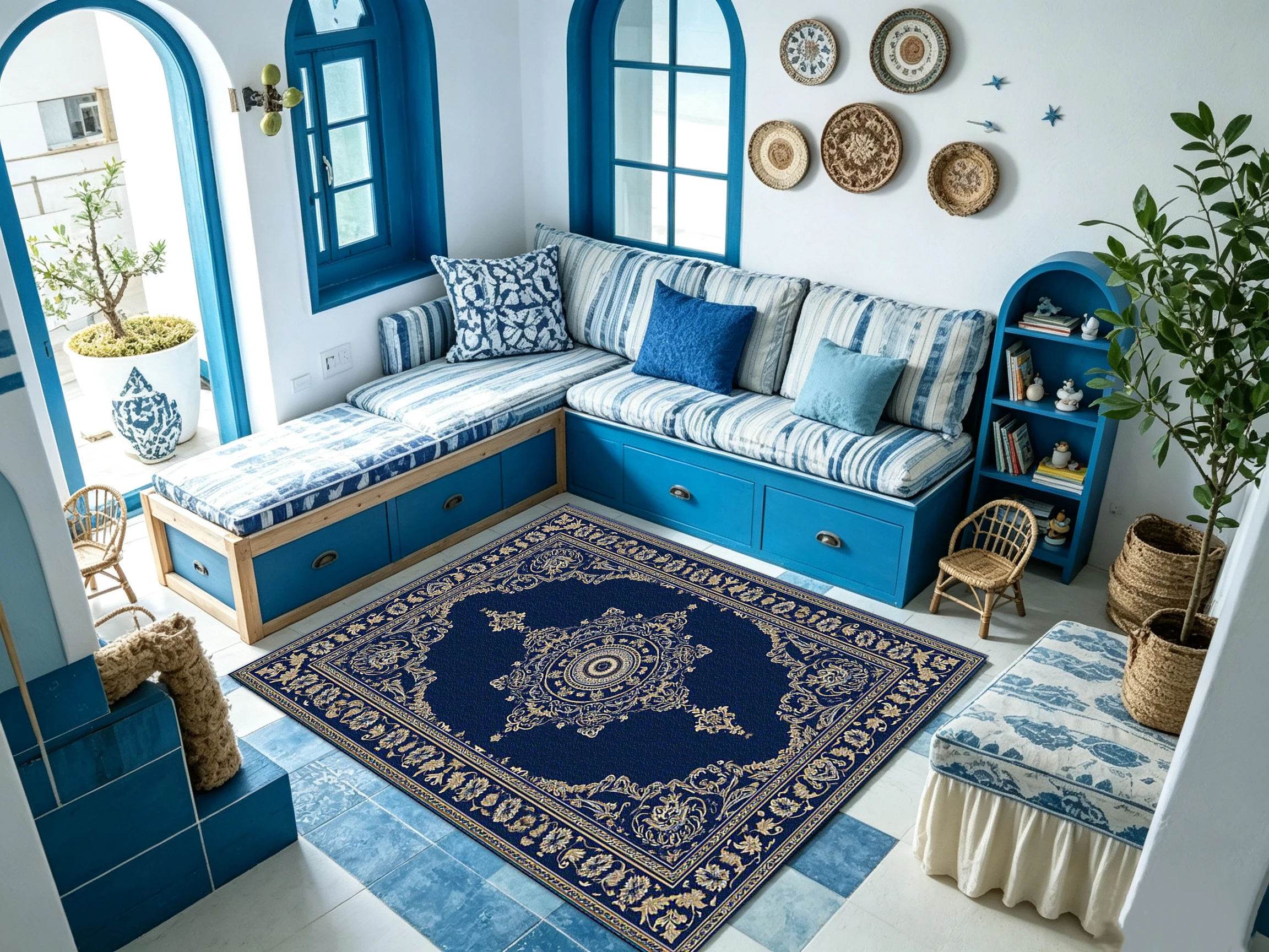 Luxurious Dark Blue Medal Pattern Carpet Floor Classic European Style Home Decoration Carpet
