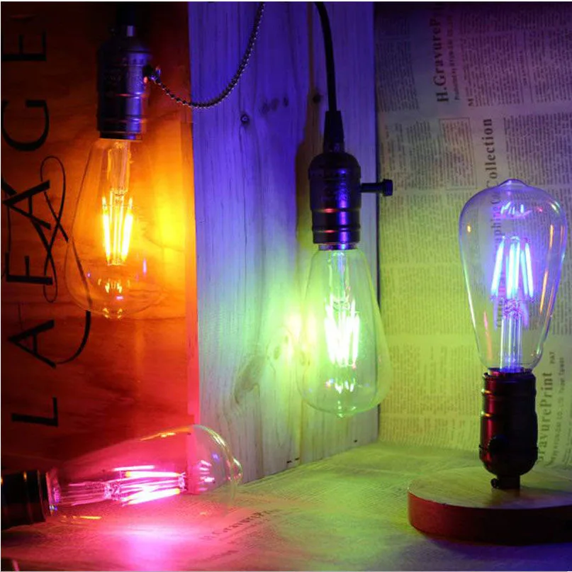 LED Edison Filament Bulbs Lights ST64 Dimmer E27 4W Dimmable 220V Red Green Yellow Warm White Pink 360 Degree Energy Lamps