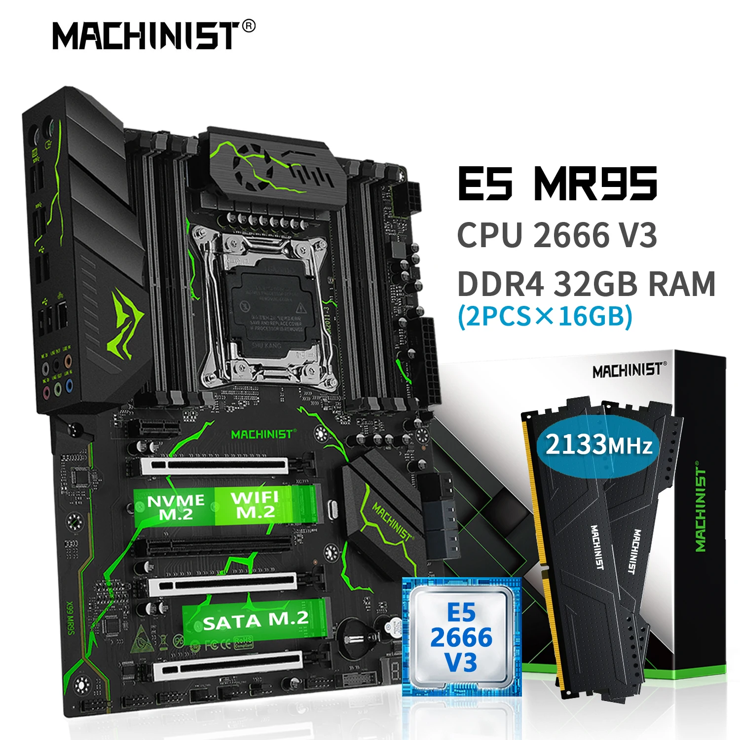 MACHINIST X99 Motherboard Combo LGA 2011-3 Kit Xeon E5 2666 V3 CPU Processor DDR4 32GB RAM Memory Slot*8 NVME M.2 SATA WIFI MR9S