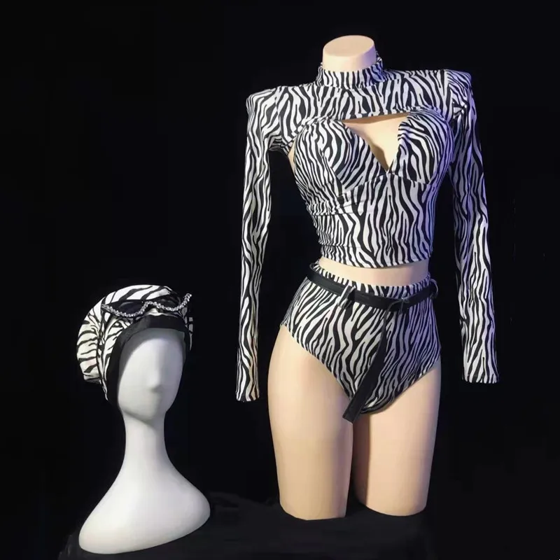 Women Jazz Dance Team Stage Wear Zebra Stripes Tops Shorts Hat Rave Outfit Nightclub Bar DJ Gogo Performance Costume