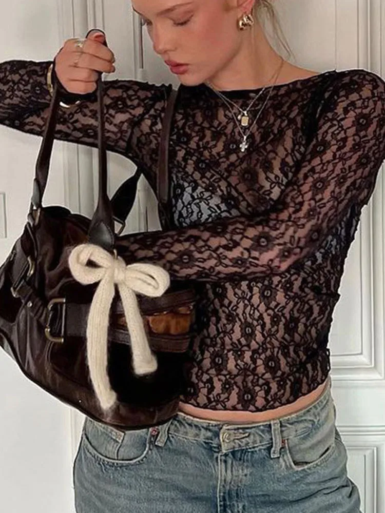Women's Long Sleeve See through Lace Crop Top Sexy Bodycon T-Shirt Solid Color Party Clubwear for Autumn Winter