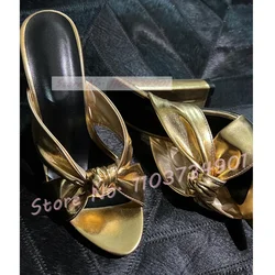 Gold Metallic Knotted Mules Women Sexy Open Toe Black High Heels Bowknot Golden Slippers Female Party Shiny Leather New Shoes