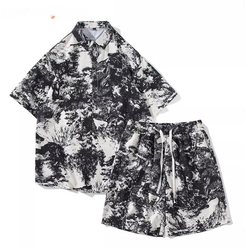 

Men's Hawaii Set Summer Two Piece Shirt+Shorts Vintage Printed Beach Suit Board Shorts Men's Thin Vacation Sportswear