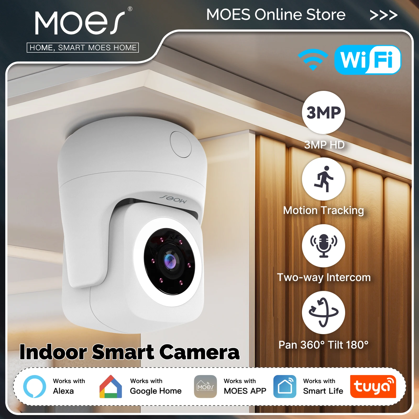 

MOES Tuya Smart WiFi 3MP Indoor Camera Pan 360° Tilt 180° HD Home Security Monitoring Works with Alexa Google Assistant