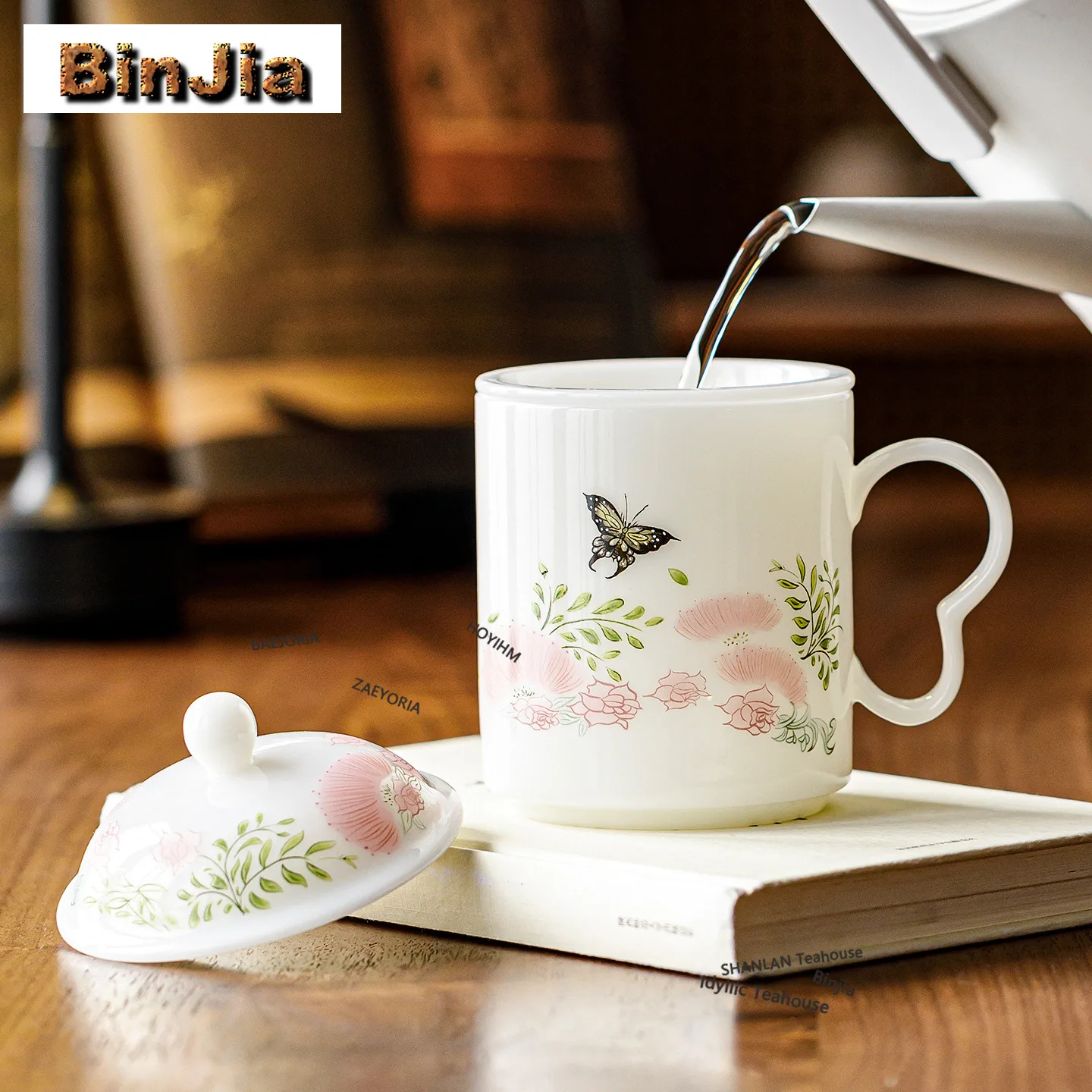 BAEJORIA 350ml Ice Jade Porcelain Butterfly Floral Filter Tea Separator Cup Zen Tea Mug With Infuser Tea Making Office Water Cup