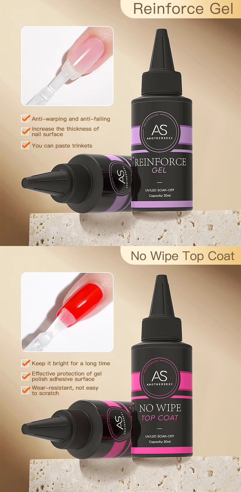 AS 30 ml Basisgel, kein Abwischen, Decklack, mattierter Decklack, Nagelkunst, Soak Off UV-Gel-Nagellack, Maniküre, funktioneller Gel-Lack mit harter Dicke – Detail 4