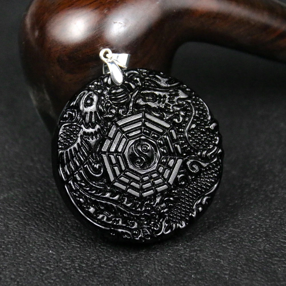 Obsidian Eight Diagrams Dragon and Phoenix Necklace Bagua Black China Carving Yin Yang Tai Ji Pendant Women Men Amulet Jewelry