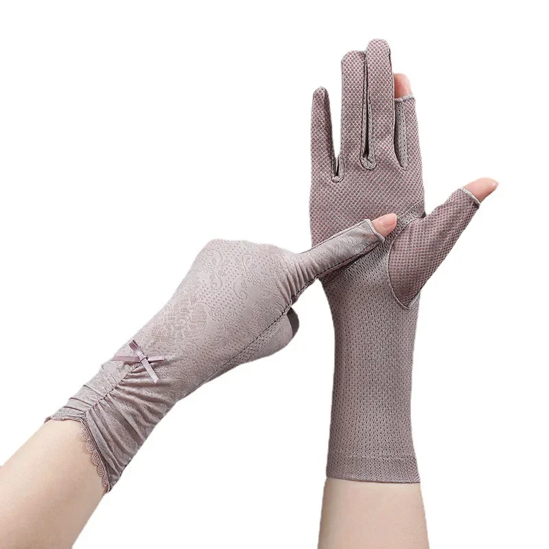 Ice Half Finger Spring Summer Thin Long Lace Outdoor Riding Driving Women\'s Sunscreen Gloves Fingerless Gloves  Black Gloves