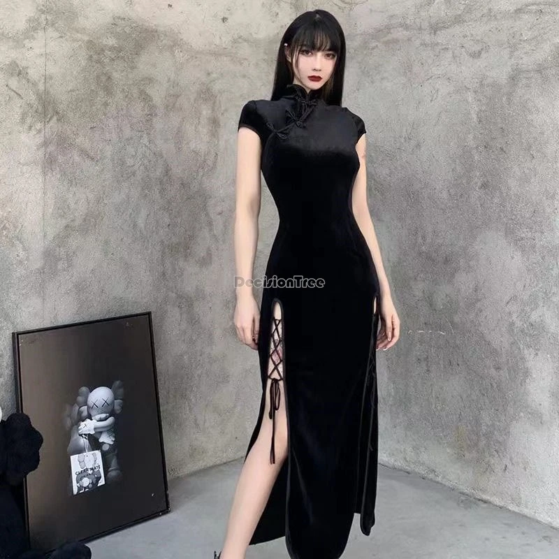 

2024 retro chinese velvet cheongsam improved high slit black fashion sexy short sleeve stand collar women slimming qipao dress