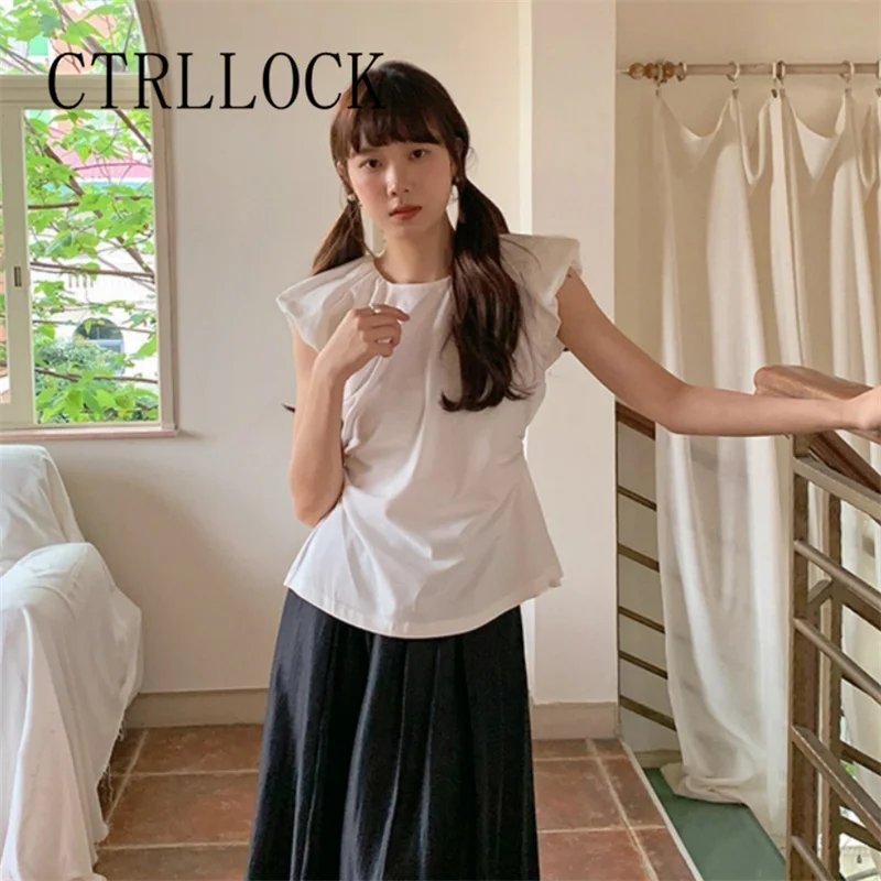 

CTRLLOCK Casual Backless O-neck T-Shirt Women Summer New Slim Short Sleeve Ruched Tee