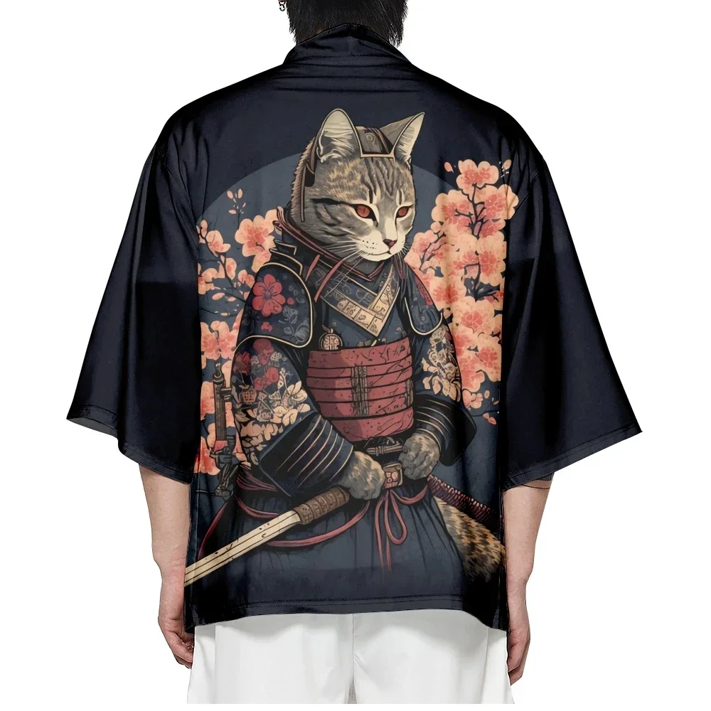 Kimono japonés con estampado de gato Sakura samurái para hombres y mujeres, cárdigan de talla grande, ropa tradicional Harajuku, ropa de playa de verano, Haori