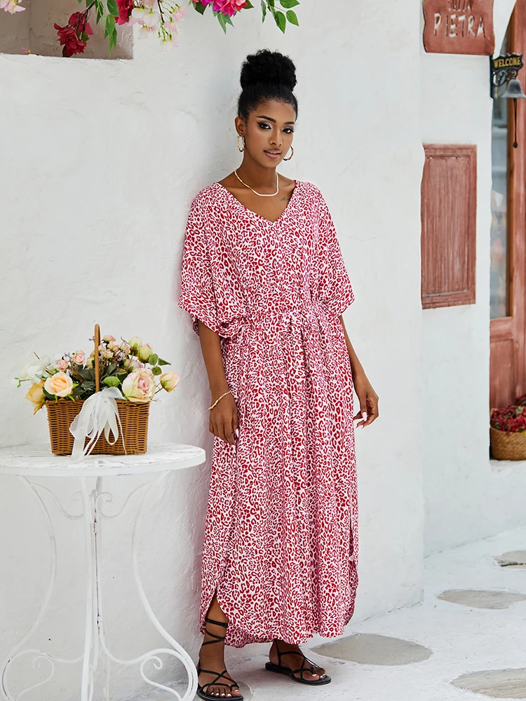 Oversize Kaftan Dress For Women Leopard Print Boho Dress V Neck Belt Rayon Beachwear Beach Cover-ups 2024 Robe Swimsuit Cover Up