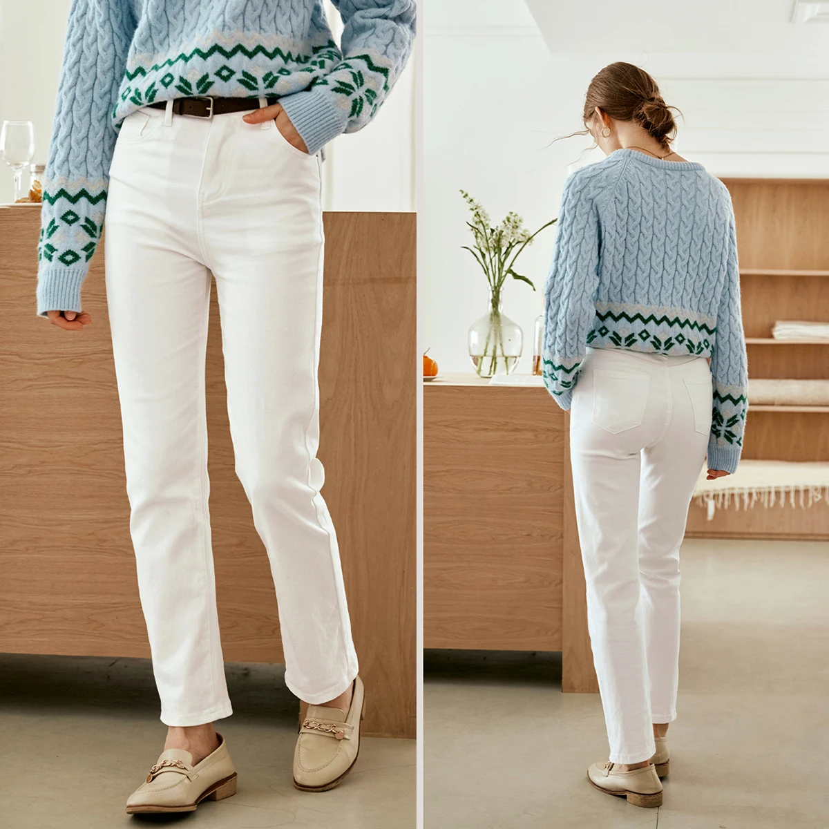 OLrain blanc jean pour femmes 2025 automne décontracté taille haute pantalon banlieue coton jambe droite femme Denim pantalon WN56QA93303