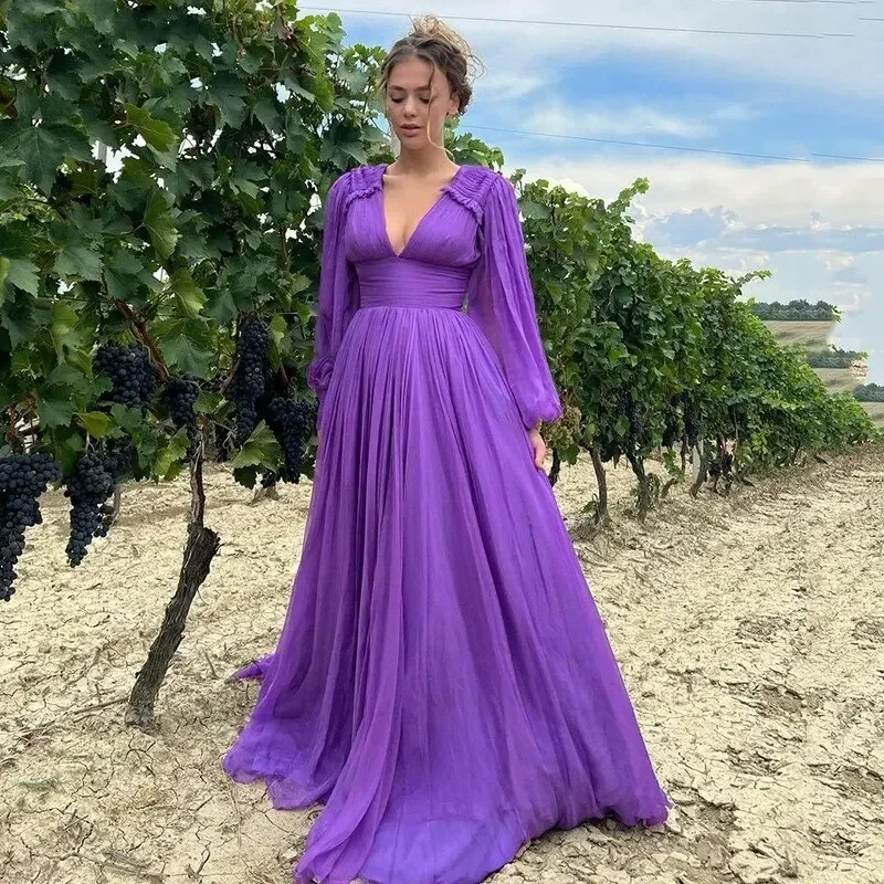 

Sexy V-Neck Purple Prom Dresses Evening Gowns Vestidos De Festa Long Sleeves Chiffon Long Pleats Women Elegant Party Prom Dress